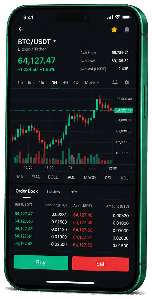 Application mobile OptiNova — graphique BTC/USDT en direct, carnet d’ordres et outils de trading